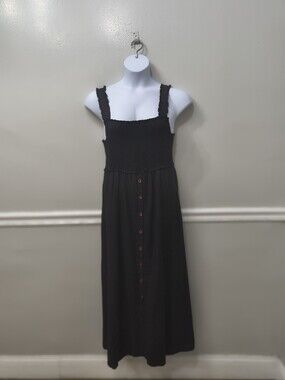 EE:SOME Black Smocked Midi /Maxi Dress Button Front L Summer Flowy Casual